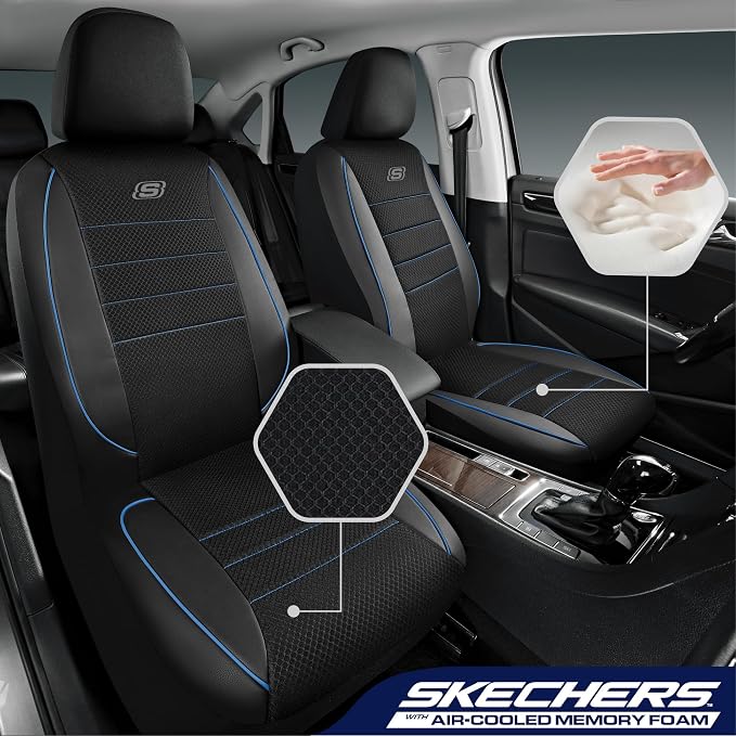 Skechers Air-Cooled Memory Foam Seat Covers,Mesh Thick Car Seat Covers,Piping Leather Car Seat Covers Front Seats,Airbag Compatible,Automotive Comfort Universal Fit Most Cars,Vans,Truck,SUV,Blue - Image 2