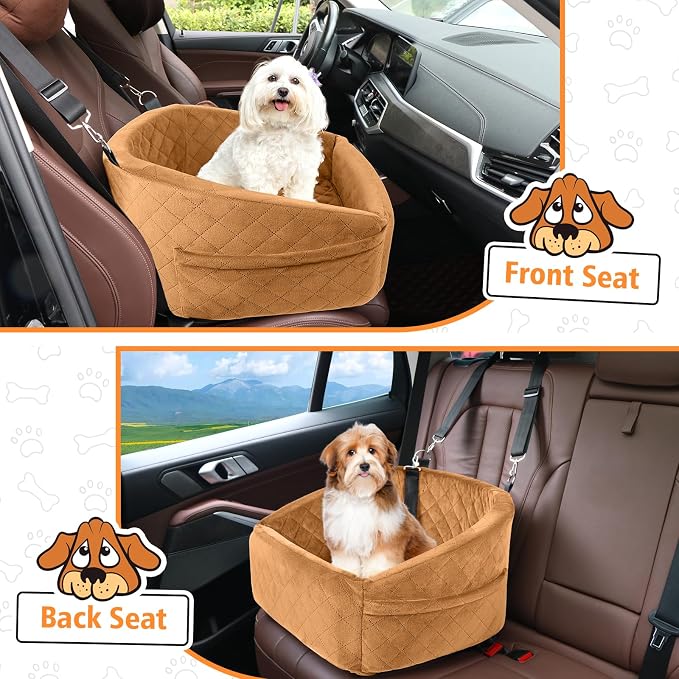 NEEZUKAR Dog Car Seat for Small Medium Dogs,Detachable Washable Dog Booster Seat Under 30lbs,Pet Car Seat Travel Bed with Storage Pockets and Dog Safety Belt（Brown - Image 6
