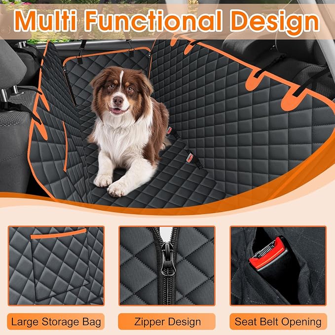 NECKORY Waterproof Dog Car Seat Cover for Back Seat - Durable, Scratch Proof Pet Hammock with Nonslip Design & Storage Pockets, Fits Cars, SUVs, Trucks- S, Black/Orange - Image 3