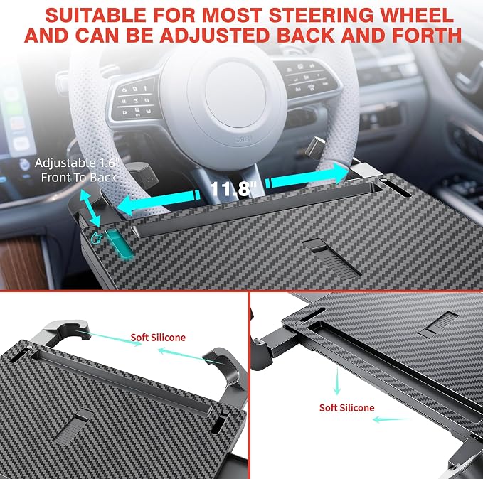 Large Steering Wheel Tray Table, Car Desk For Laptop, Car Trays For Eating And Working, Steering Wheel Table For Most Cars, Adjustable Car Food Tray With Dual Slide-Out Trays (Carbon Fiber Look) - Image 6
