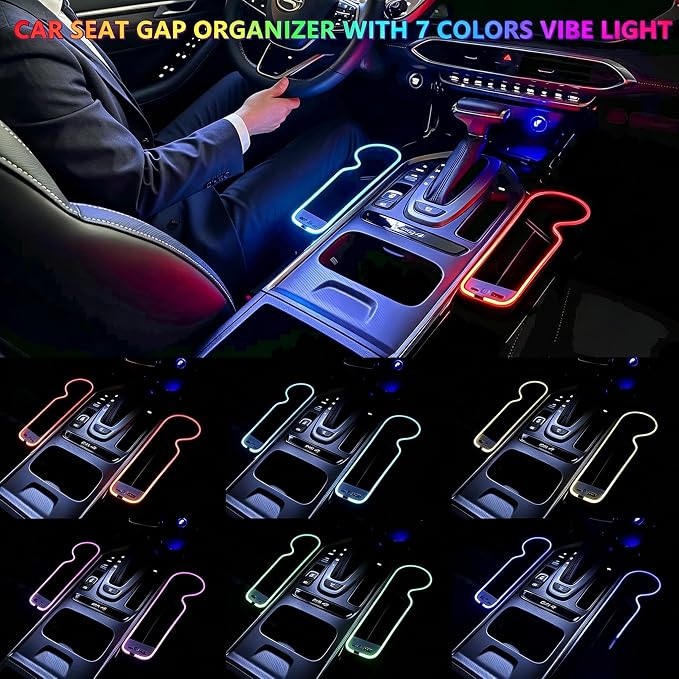 7 Colors LED Car Seat Gap Organizer with 56W Fast Charger 2 Pieces | Center Console Gap Filler with USB Type C Charging,Car Seat Organizer Cup Holder,Auto Interior Accessories with Ambient Light - Image 2