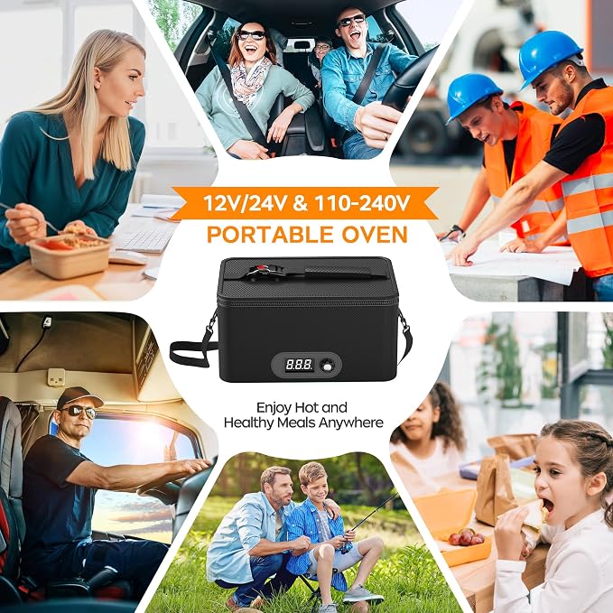 Portable Oven, 12V 24V 110V-240V Car Food Warmer Portable Personal Mini Oven Electric Heated Lunch Box for Meals Reheating & Raw Food Cooking for Road Trip/Camping/Picnic/Family Gathering(Black) - Image 6