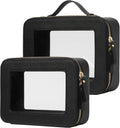 Clear Toiletry Bag 2 Pack, Travel Makeup Bag Medium and Large Black | Structured Clear Cosmetic Case with Zipper, Car Essential Organizer Bag for Women, Waterproof PU Leather, Wide Open Portable by POPVIBE