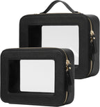 Clear Toiletry Bag 2 Pack, Travel Makeup Bag Medium and Large Black | Structured Clear Cosmetic Case with Zipper, Car Essential Organizer Bag for Women, Waterproof PU Leather, Wide Open Portable by POPVIBE