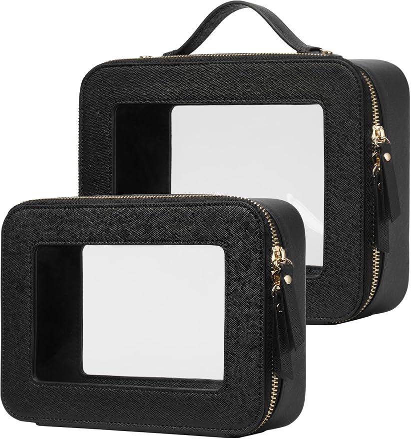 Clear Toiletry Bag 2 Pack, Travel Makeup Bag Medium and Large Black | Structured Clear Cosmetic Case with Zipper, Car Essential Organizer Bag for Women, Waterproof PU Leather, Wide Open Portable by POPVIBE