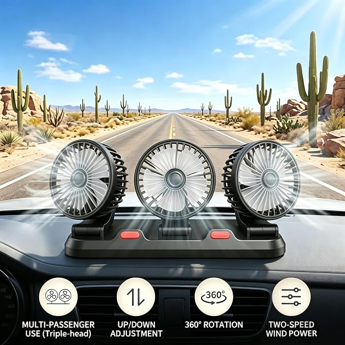 USB 3-Head Car Cooling Fan, 360° Rotation Dashboard Fan with 2 Speeds, Portable Air Cooler for SUV RV Truck Sedan Office Desk, 5V USB Powered for Power Bank Laptop - Image 2