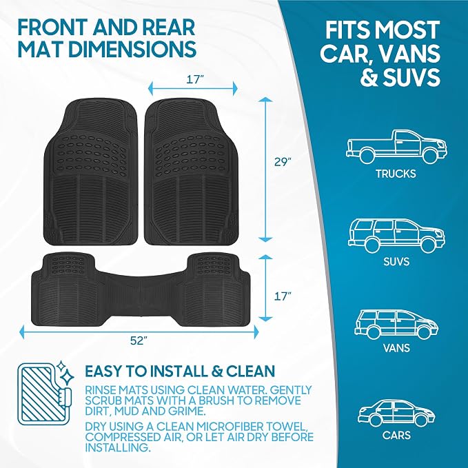BDK ProLiner Car Floor Mats for Cars Trucks SUV, 3-Piece All-Weather Heavy Duty Rubber Liners with Universal Trimmable Fit, Durable Waterproof Vehicle Auto Floor Mats with Capture Ridges Black - Image 6