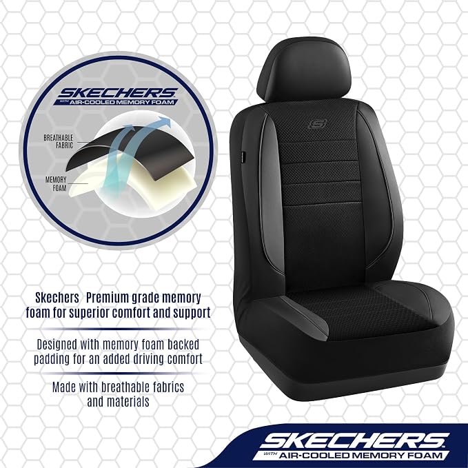Skechers Air-Cooled Memory Foam Seat Covers,Mesh Thick Car Seat Covers,Piping Leather Car Seat Cover,Airbag Compatible,Automotive Comfort for Most Cars, Vans, Trucks, SUV(Black, Full Set) - Image 5