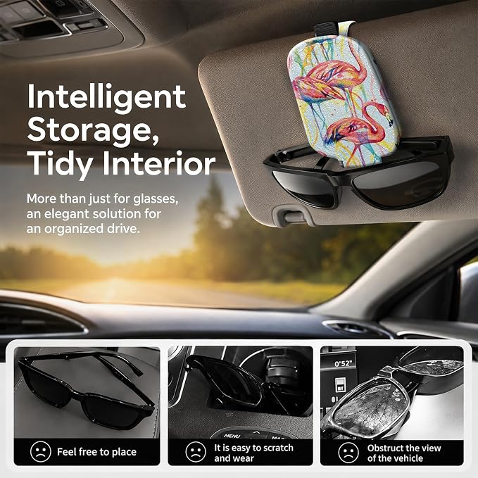 Sunglasses Holder for Car Visor, PU Leather Glasses Clip Organizer, Cute Magnetic Eyeglass Holder for Vehicle Sun Visor, Car Interior Accessory for Women & Men, Rainbow Flamingos - Image 2