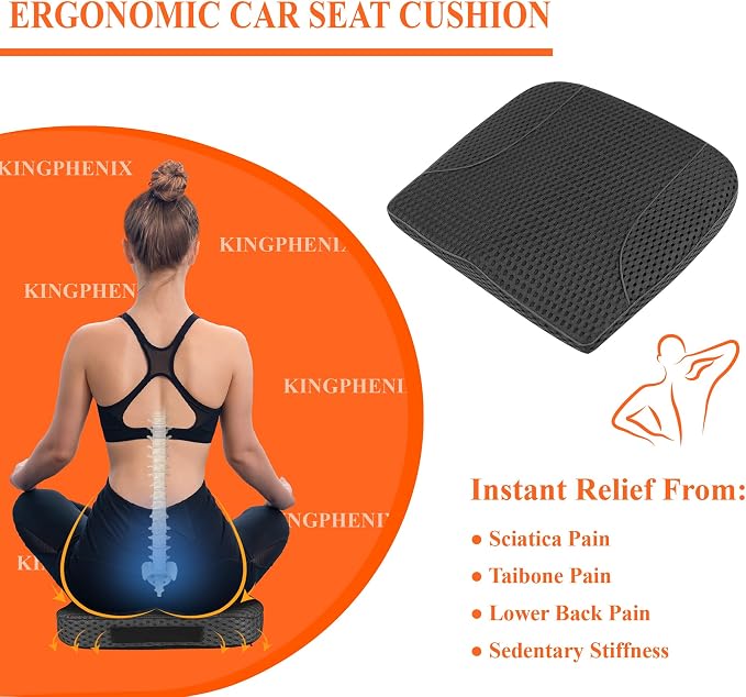 kingphenix Memory Foam Car Seat Cushion for Driving Comfort and Office Use | Coccyx and Lower Back Pressure Relief, Non-Slip Seat Cushion for Car, Truck, SUV, Long Drives and Office Chair, 4D Mesh Black - Image 2
