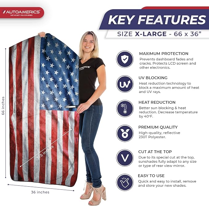 Autoamerics Truck Windshield Sun Shade with Storage Pouch & Anti-Slip Dash Pad - Foldable Grunge USA Flag-3 Design Cover - Fits Most SUVs & Trucks -Reflective 230T Material | X-Large (66 x 36 inches) - Image 2