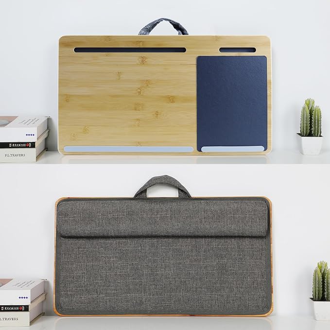 Lap Desk for Laptop with Cushion Mouse Pad Tablet Phone Holder | Bamboo Laptop Stand with Anti-Slip Strip and Handle Fits up to 17 inch Portable Computer Lap Desk for Couch, Bed & Car - Image 2