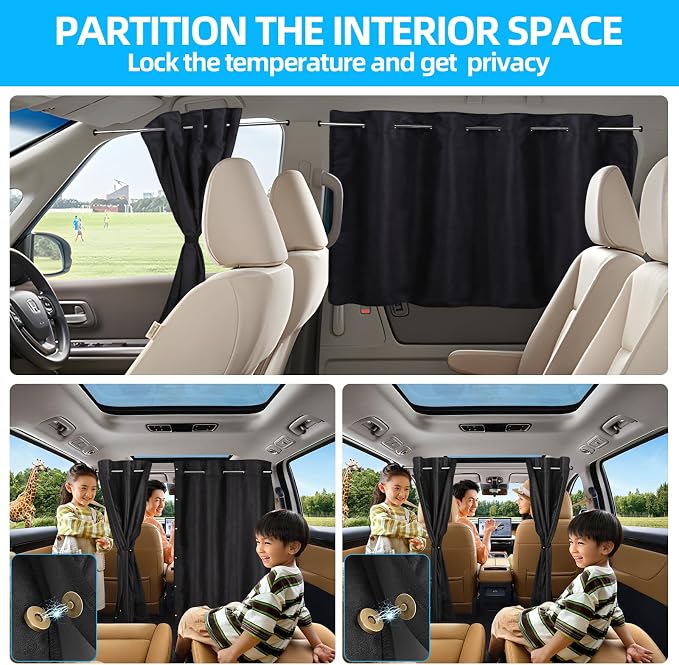 ZATOOTO Car Window Shades with Rods Set of 3, Car Curtains Privacy Blackout | Car Divider Curtain, For Baby, Opaque Suede, Length Adjustable for Most Car SUV Truck Van MPV, Easy to Install - Image 4