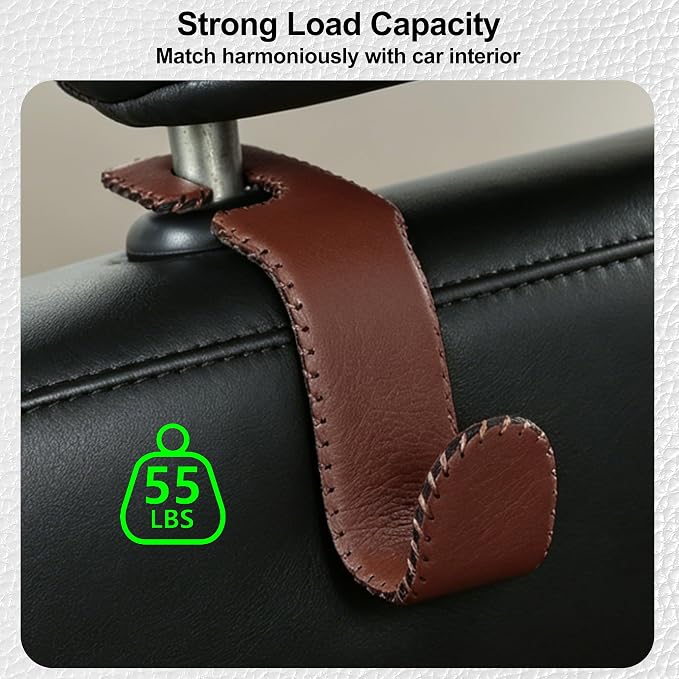 Car Seat Headrest Hook Heavy Duty 55lb Metal Hanger with Leather for Bags | Universal Vehicle Seat Back Organizer, Ergonomic Design, Hang Groceries Handbag Backpack Water Bottle, 2 Pack Brown - Image 5