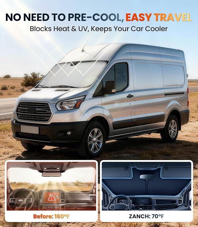 Zanch Large Custom Windshield Sun Shade for Ford Transit 2015-2026, 7-Layer UV & Heat Block, 3D Scanned Custom Fit, Interior Protection, Helps Keep Cabin Cooler, Foldable Van Accessories - Image 2