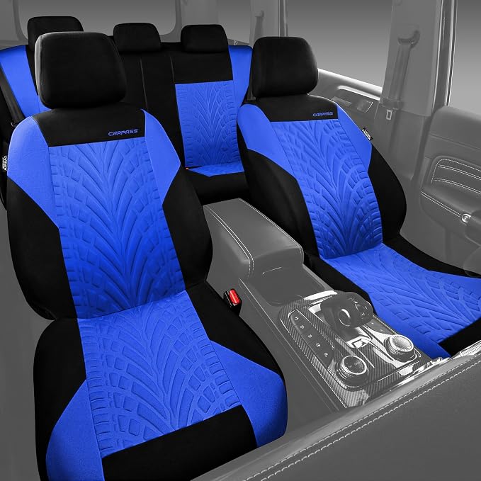CAR PASS Car Seat Covers Full Sets, Front & Split Rear Bench for Car, 3D Tyre Embossed Automotive Interior Covers, Airbag Compatible, Quick Setup Universal Fit Seat Covers for Car, SUV(Black Blue) - Image 2