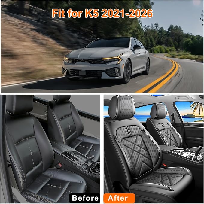 K5 Car Seat Covers Custom Fit for Kia K5 2021-2025 2026, Full Coverage Leather Waterproof Breathable Seat Covers, Automotive Seat Protectors, Airbag Compatible(2 Front Seats, Black) - Image 5