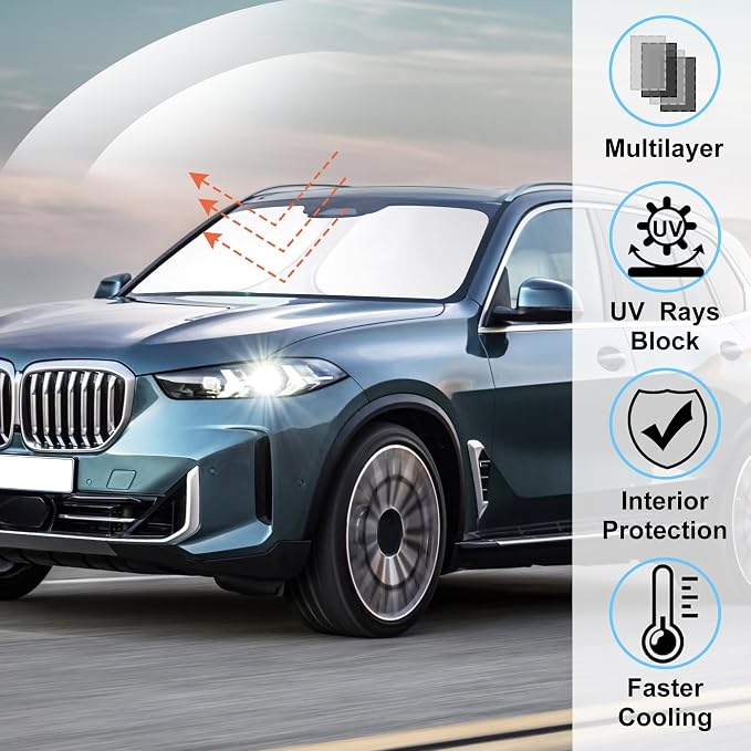 Windshield Sun Shade for 2019-2025 2026 BMW X5 Accessories | Full covered, Foldable & Durable, Block UV Rays, Reduce Heat, Easy to install, Keep Car Cooler - Image 2