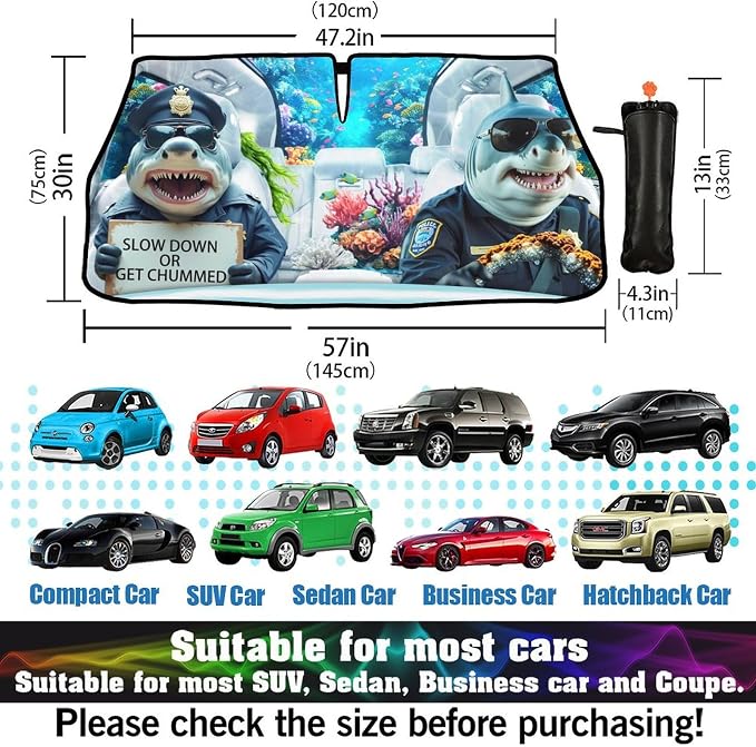 Socira Funny Sharks Car Windshield Sunshade Umbrella Foldable | Umbrella Sun Shade Windshield Cover Sunshade Car Accessories Blocks Uv Rays Keeps Cool (57" X 30") - Image 3