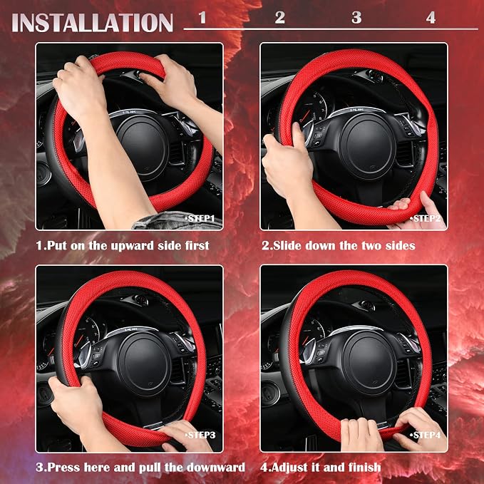 CAR PASS 3D Air Mesh Car Seat Covers Full Sets w/5mm Sponge, 4Pcs Waterproof Car Floor Mats, Steering Wheel Cover Universal Fit for SUV Sedan Truck, Airbag Compatible Automotive Interior(Black & red) - Image 7