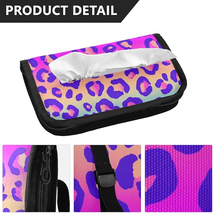 Car Tissue Holder Car Napkin Holder Tissue Box Dispenser Storage Case Sun Visor Mask Holder Accessories with Adjustable Straps Reusable Refillable Neon Gradient Leopard Print - Image 3