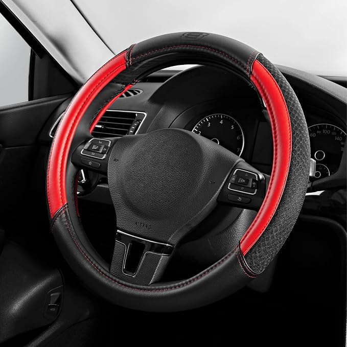Skechers Air-Cooled Steering Wheel Cover, Leather Car Steering Wheel Cover Universal Fit 14" 1/2-15" Car Wheel Protector for Men Women Fit Suvs,Vans,Sedans,Car,Trucks,Red by Unknown