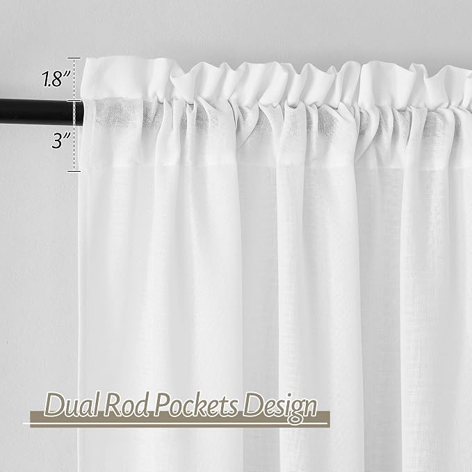 RYB HOME Linen Sheer Curtains 2 Panels for Living Room, Semi Transparent Privacy Drapes with Rod Pocket Farmhouse Style Window Treatments for Bedroom, White, 38" W x 63" L - Image 2