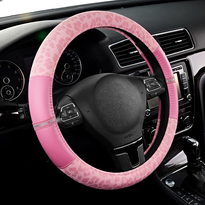Road Comforts Leopard Steering Wheel Cover for Women, Cute Anti-Slip Microfiber Leather, Universal Fit 14.5-15 Inch Round Steering Wheel - Full Pink by RoadComforts