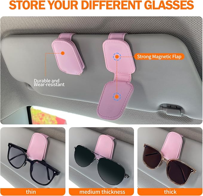 KIWEN Sunglasses Holders for Car Visor, Magnetic Leather Glasses Eyeglass Clip for Car, Ticket Card Clip Sunglasses Mount, Car Visor Accessories Gadgets (1, Pink) - Image 4