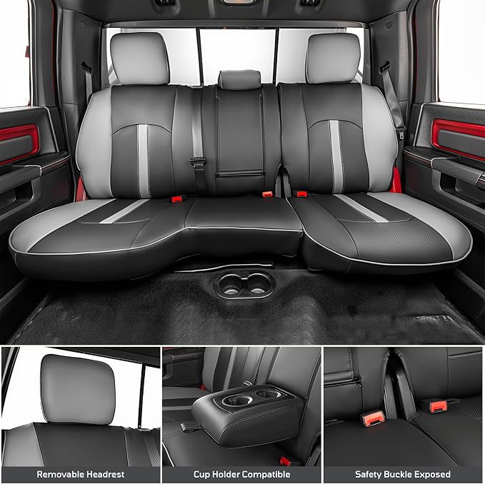 Seat Covers Custom Fit for Dodge 2009-2018 Ram 1500 Crew Cab,Black/Gray | Custom Fit Faux Leather Full Set,Waterproof & Wear-Resistant,Fits for 4th Gen Ram 1500 Big Horn/SLT/Lone Star,Easy to Clean - Image 4