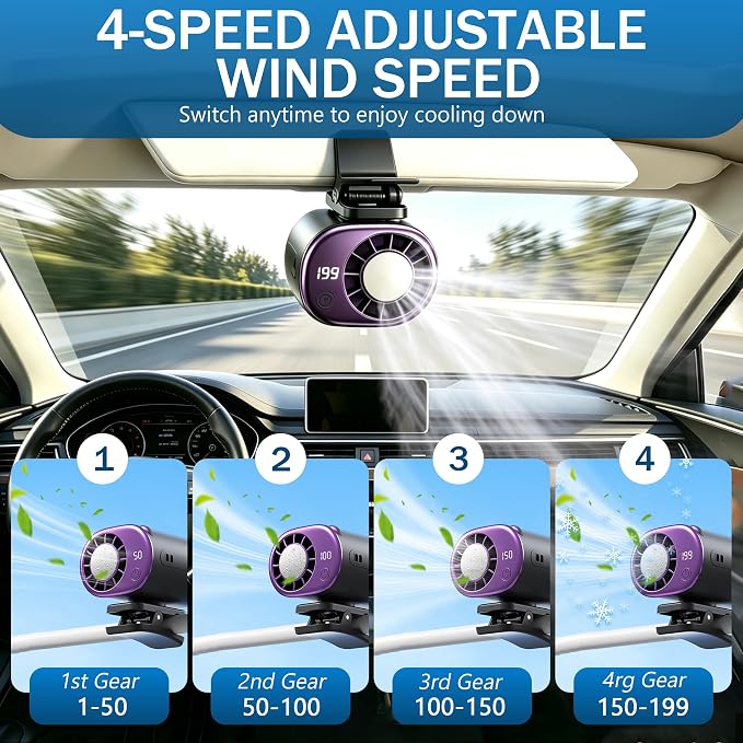 360 Rotating Semi-Cooling Clip Fan for Car, Mini Ac Unit for Car with 199 Speeds Adjustable USB Rechargeable Led Display, Portable Clip On Ac for Cars, Neck, Waist, Office, Stroller, Outdoor (Gray) - Image 3