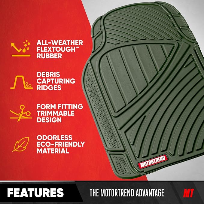 Motor Trend FlexTough Performance All Weather Rubber Car Floor Mats - 3 Piece Floor Mats Automotive Liners for Cars Truck SUV, Heavy-Duty Waterproof (Green) - Image 3