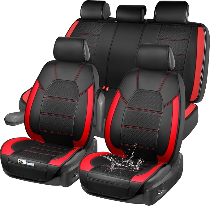 CAR PASS 5 Seats Leather Car Seat Covers, Sideless Car Seat Protectors with Storage Pocket, Water Resistance Seat Cover, Universal Fit Most Cars, SUVs, Trucks and Vans (Full Set,Black and Red) by CARPASS