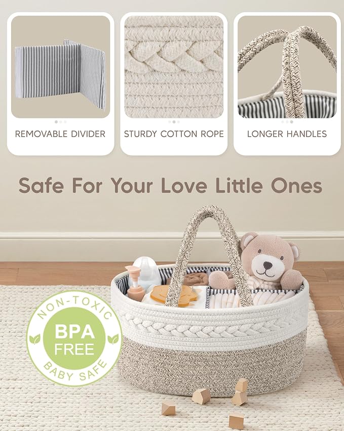 Maliton Diaper Caddy Organizer for Baby, Cotton Rope Baby Gift Basket, Portable Diaper Organizer for changing table, Nursery Storage Organizer, Shower Gifts for Newborn,baby essentials | 100% Cotton Rope Baby Caddy, Soft Yet Structured, Nursery, Car & ... - Image 3