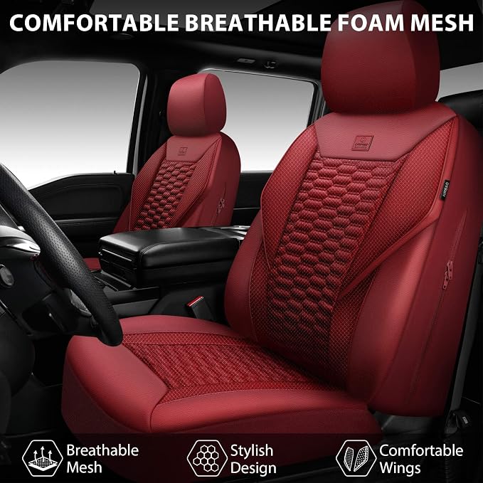 CAR PASS 3D Foam Mesh Leather Seat Covers Full Set, Wine Red Breathable Mesh Faux Leather Seat Covers for Car, Universal Fit for SUVs Vans Sedan Trucks Automotive,Armrest Airbag Compatible, Burgundy - Image 2