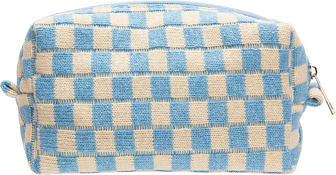 Checkered Makeup Bag for Purse, Small Travel Cosmetic Pouch,Blue Beige | Cute Zipper Makeup Organizer for Women, Travel Essentials, Toiletries, Makeup Brushes, Beauty Accessories&Bridesmaid Gifts by PAZIMIIK