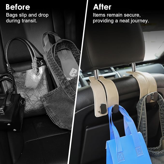 KINIVA Car Seat Headrest Storage Hooks, Set of 2, Suede PU Leather, Double Hooks (06-White) - Image 4