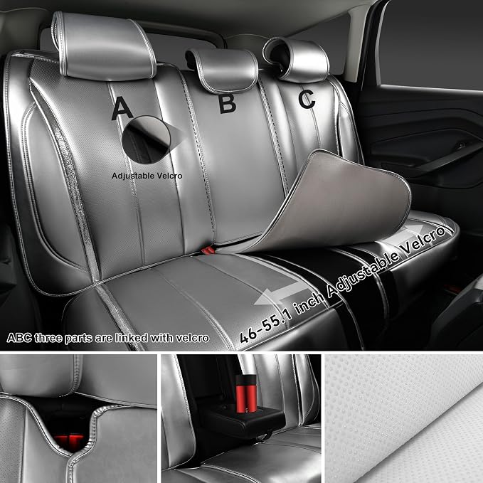 CAR PASS Ultra+ Nappa Leather Car Seat Covers Full Set Universal Cushioned, Soft Breathable Waterproof Anti-Slip Driver Seats and Backrest for SUV Pick-up Truck Sedan, 5 Seats Margiela Solid Silver - Image 6