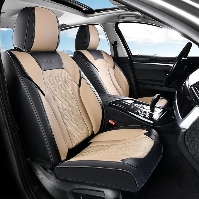Seat Covers, Car Seat Covers Front Seats, Luxury Nappa Leather Seat Covers, Breathable and Waterproof Car Seat Protector 2 Seat, Automotive Seat Covers Universal for Most Cars-Black&Beige by FLORICH