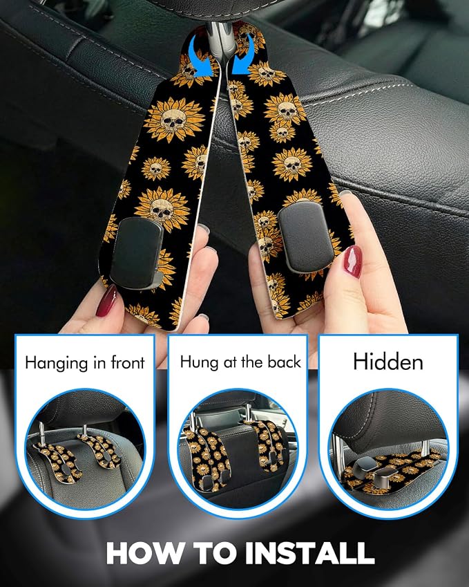 WOCOCN Purse Holder for Car, 2 Pack Heavy Duty Purse Hanger for Car | PU Leather Car Seat Hooks for Purses and Bags, Cute Floral Headrest Organizer for Handbags & Backpacks, Sunflower Skull - Image 3