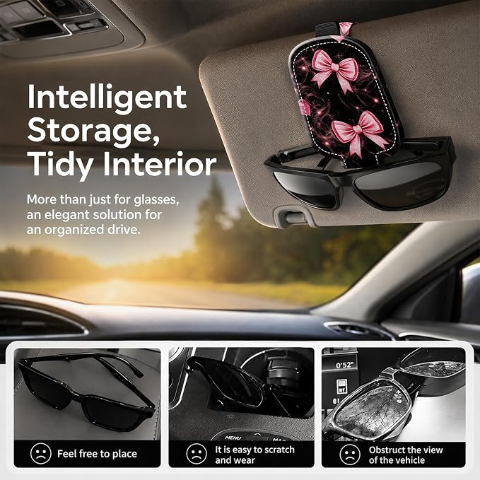 Sunglasses Holder for Car Visor, PU Leather Glasses Clip Organizer, Cute Magnetic Eyeglass Holder for Vehicle Sun Visor, Car Interior Accessory for Women & Men, Pink Ribbon - Image 2