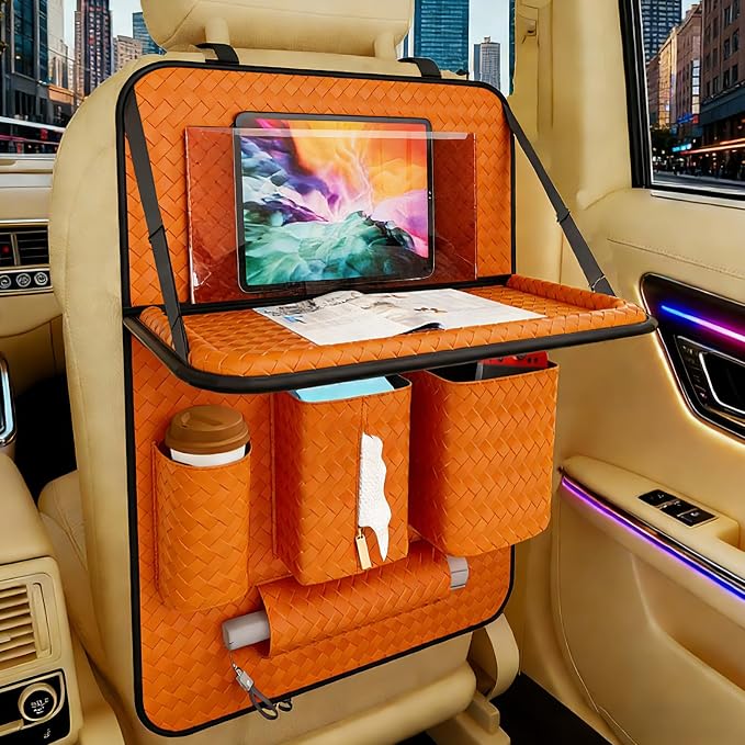 Car Back Seat Organizer, Black Woven Leather Storage Bag, Multifunctional Rear Seat Protector with Tablet Holder, 25.2x17.7 Inches, Abrasion Resistant, Orange - Image 3