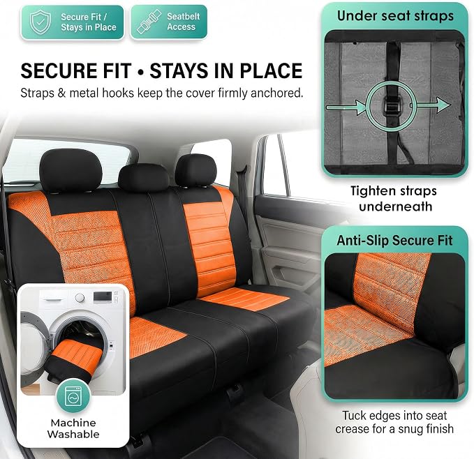 FH Group Automotive Car Seat Covers Rear Set Premium 3D Air Mesh Seat Covers, Airbag Compatible and Split Bench Cover Universal Fit Interior Accessories for Cars Trucks and SUVs - Orange - Image 4