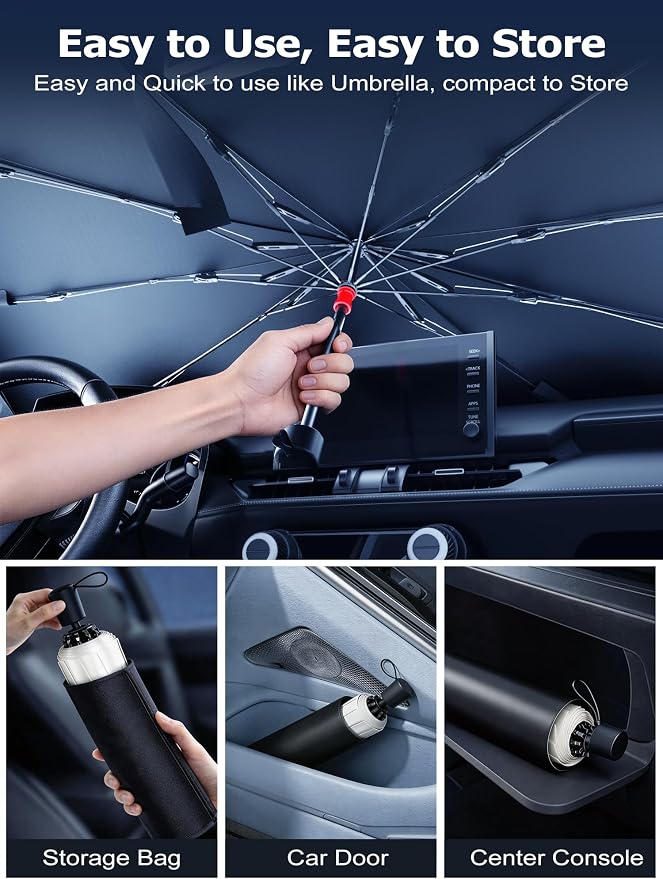 DMJN Umbrella Windshield Sun Shade for Tesla New Model Y Juniper, Y & 3 (2016-2026), Car Sunshade for Front Windshield [Nano Ice-Crystal Coatings] UPF50+ Heat & UV Block, Protect Interior & Keep Cool - Image 8