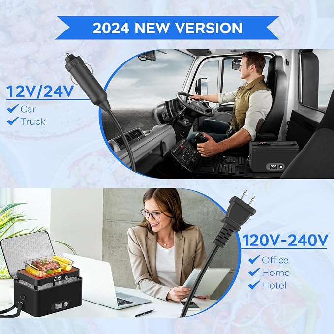 Portable Oven, 12V 24V 110V-240V Car Food Warmer Portable Personal Mini Oven Electric Heated Lunch Box for Meals Reheating & Raw Food Cooking for Road Trip/Camping/Picnic/Family Gathering(Blue) - Image 3