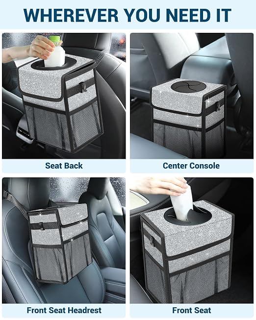 Capolo Car Trash Can with Lid, Leakproof Car Garbage Can Car Trash Bag | Trash Can for Car, 3 Mesh Pockets, Mini Hanging Vehicle Car Trash Bin, for Back/Front Seat (Silver Glitter,2.5 Gal) - Image 6