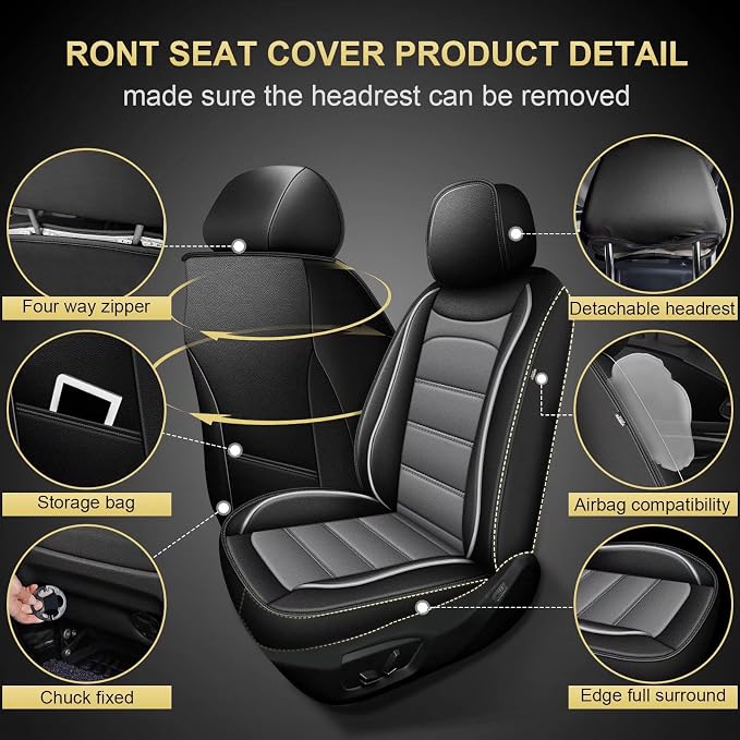 IKABEVEM Car Seat Covers for Toyota Prius 2003-2015, 2-Pack Front | Luxury Fuax Leather, Waterproof, Airbag Compatible, Easy to Install, Scratch‑Resistant Seat Protection, Black&Grey - Image 2