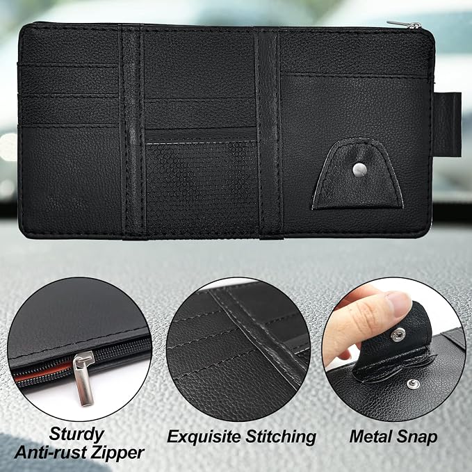Keedolla Car Sun Visor Organizer, Auto Interior Accessories Pocket Organizer Visor Storage Pouch Sunglasses Holder with Zipper Pocket for Truck, SUV - Black - Image 5
