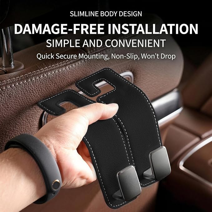 Car Headrest Hook,Premium Leather Back Seat Hanger for Purse & Bags | Solid 40lb metal core,360-degree silent rotation,space-saving hidden folding,durable dual support(2, Suede Black) - Image 5