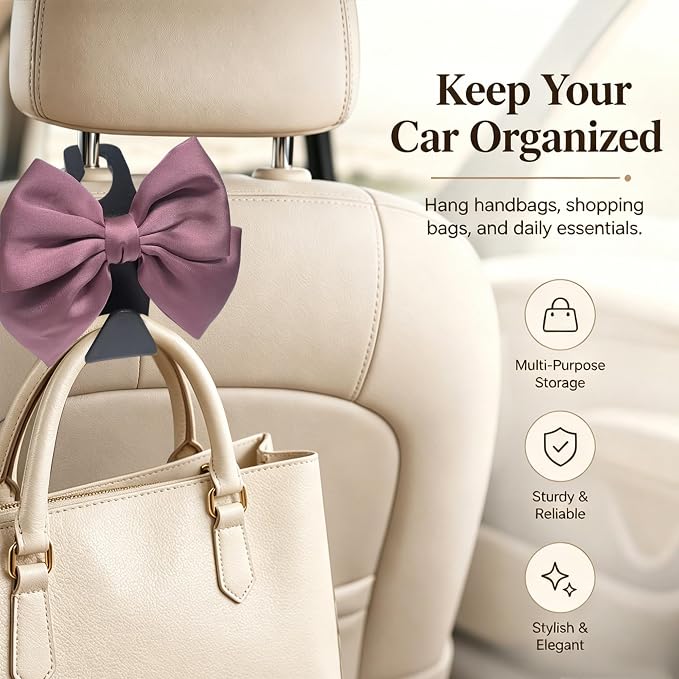 2-Pack Cute Bow Car Purse Hooks, Headrest Hangers, Leather pink | Cute bow hooks keep purses and bags organized within reach while saving space; fits most car headrests - Image 2